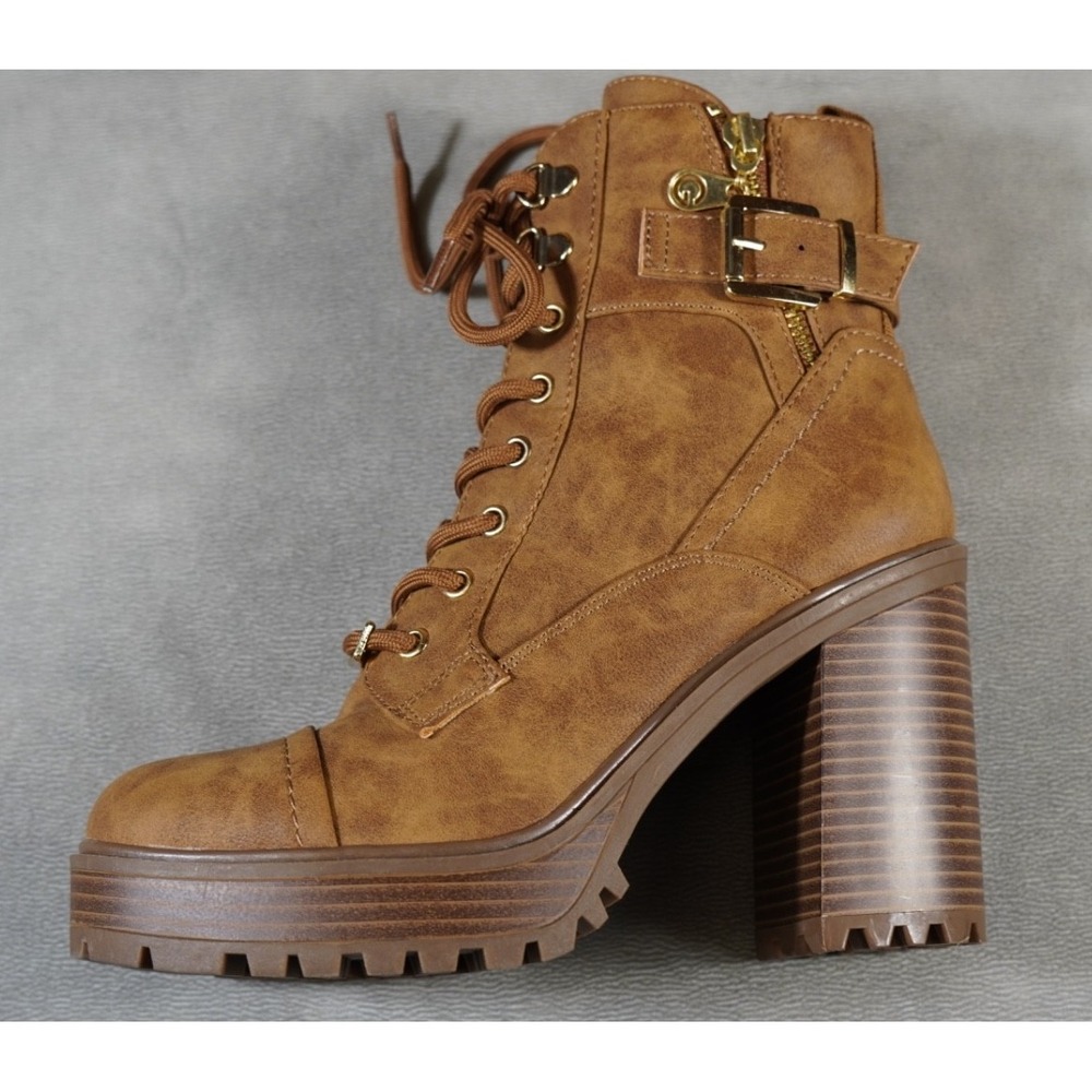 NEW Women's GBG Los Angeles Brown Jaydyn Faux Leather Heeled Combat Boots 6.5M